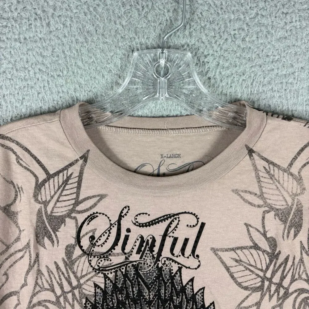 Sinful Affliction Cropped Top Women's XL Beige Thunder Sky Rhinestone Grunge